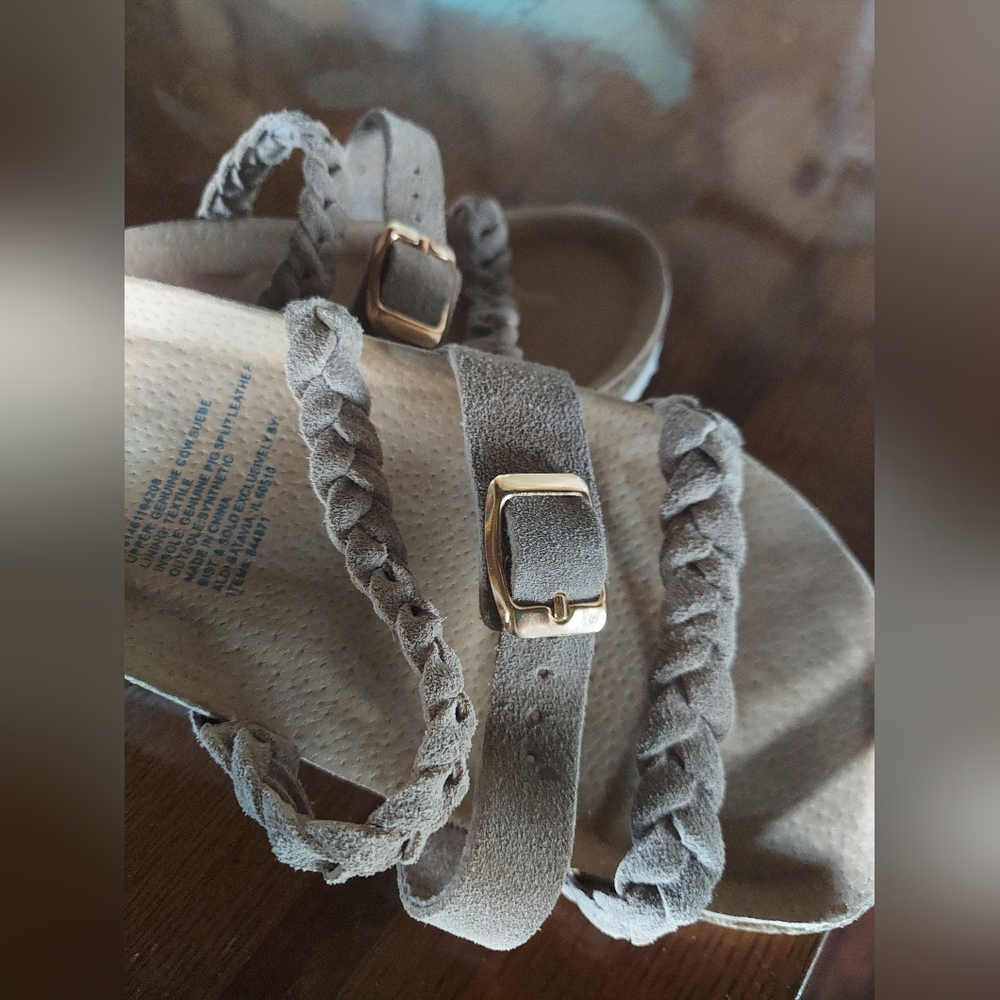Serra Gray Braided Sandals with Gold Buckles